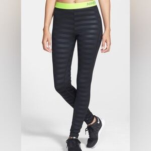 Nike Pro Hyperwarm Embossed Reflective Black Striped Neon Green Band Leggings